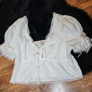 Cottagecore Creamy White Eyelet Lace, Puff Sleeve, Peplum Babydoll Top XL